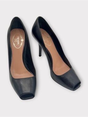 PRADA Black Open Square Toe Leather Heels